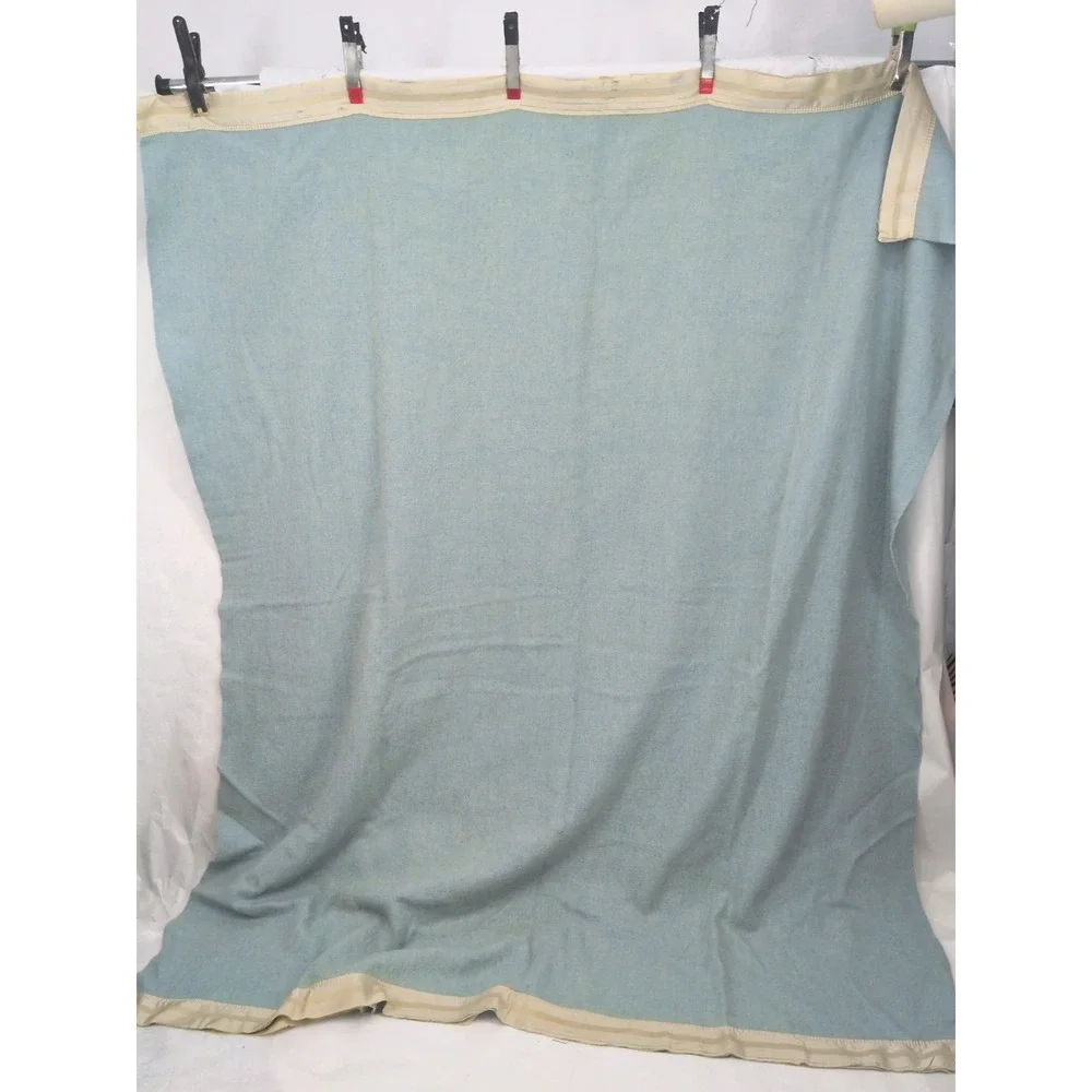 Vintage Kenwood Wool Satin Trim Teal Blue Blanket 73X84 In